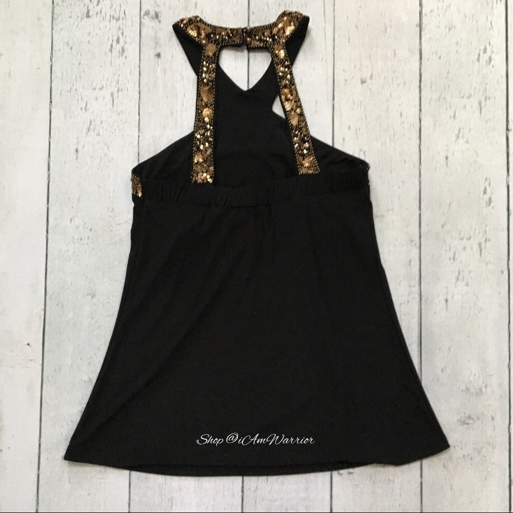 Cache Bronze Beaded Sequin Stretchy Halter Top *S… - image 6